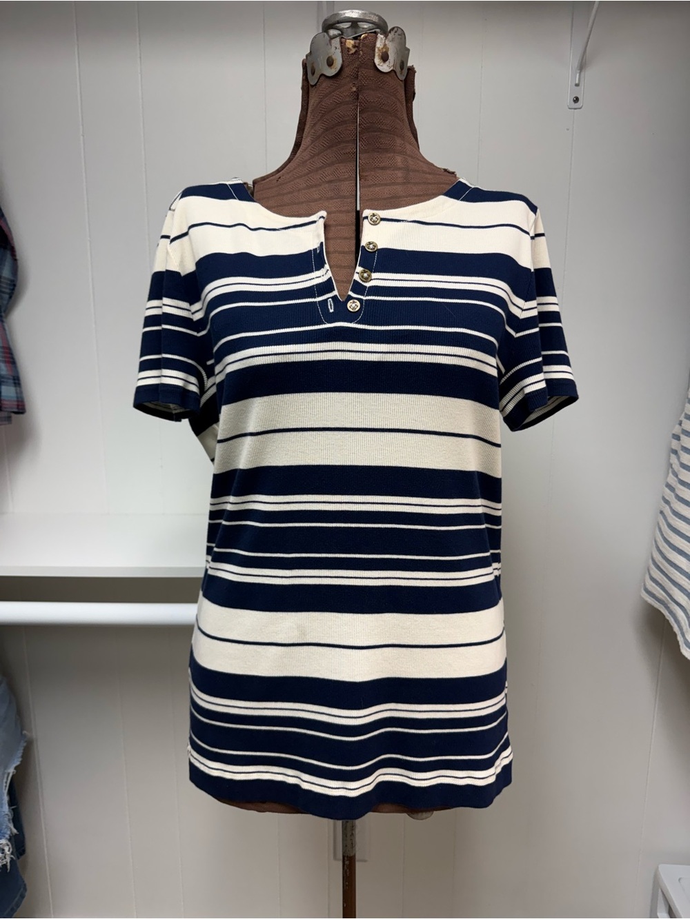 Lauren Ralph Lauren Navy and White Striped Short-Sleeve Top Size XL